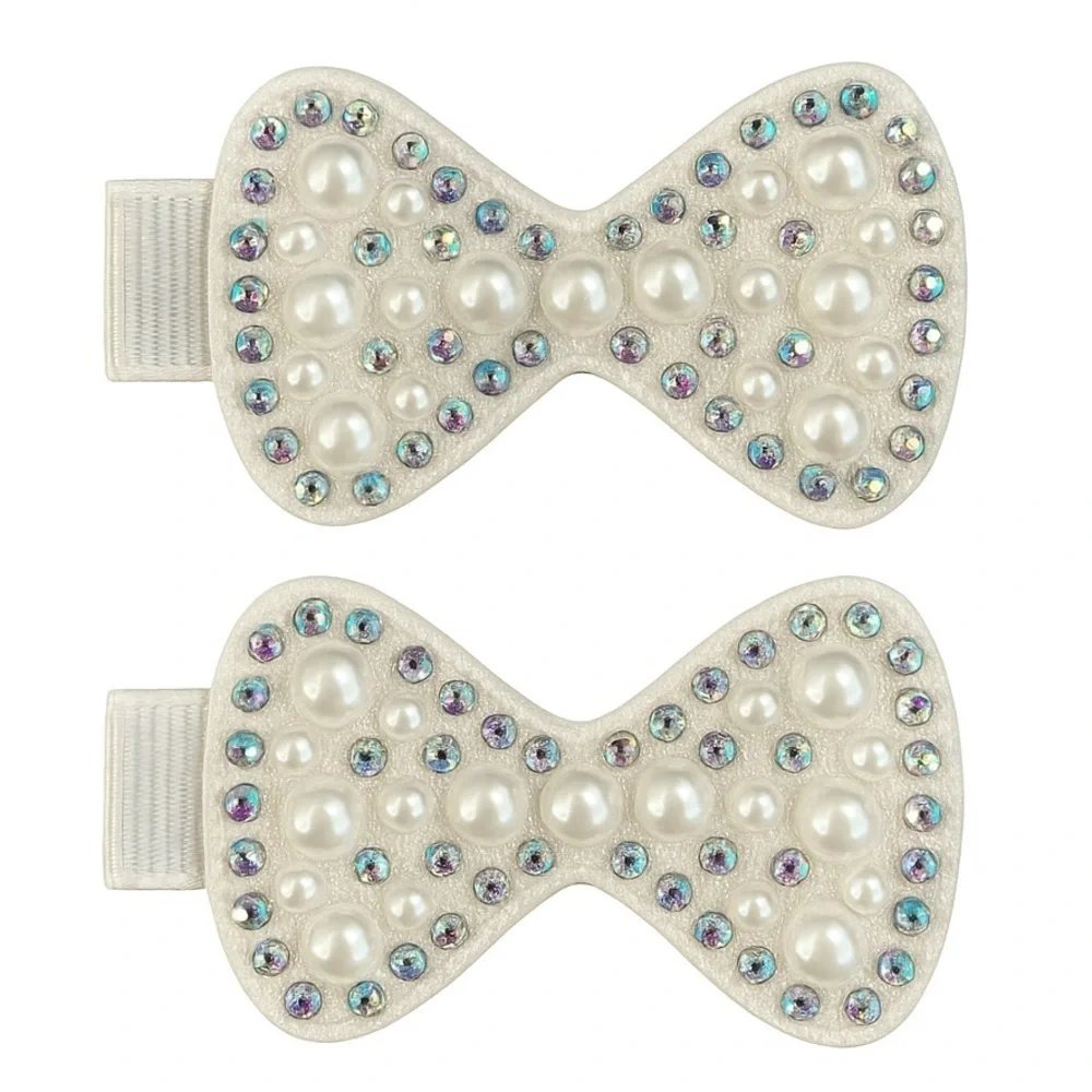 White Bow Hair Clips With Pearls And Rhinestones